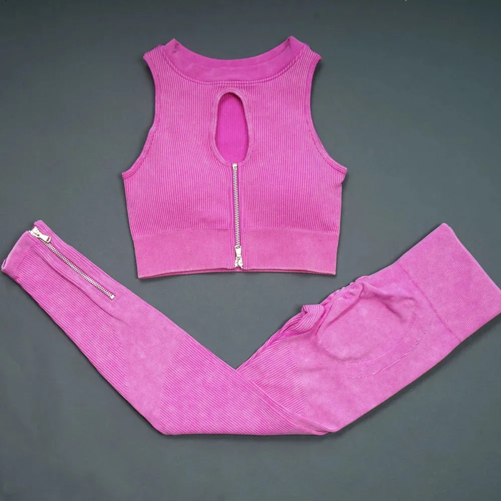 Retro Seamless Yoga Set for Women - Half Zipper Crop Top and Ribbed High Waist Leggings Shorts