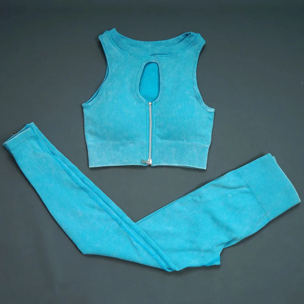 Retro Seamless Yoga Set for Women - Half Zipper Crop Top and Ribbed High Waist Leggings Shorts
