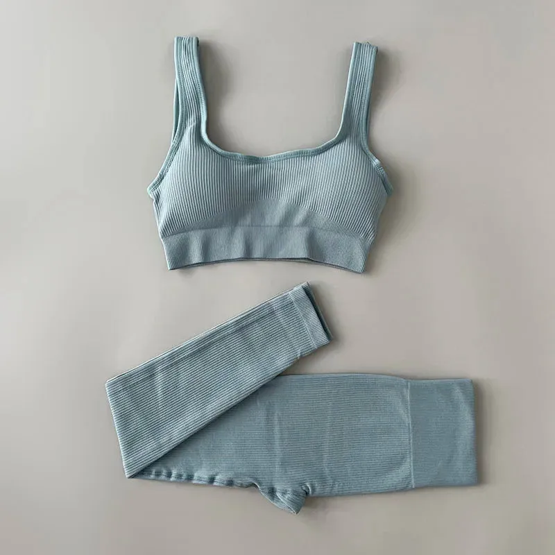 Ribbed Yoga Clothing Set for Women - High Waist Leggings and Top (Two-Piece)