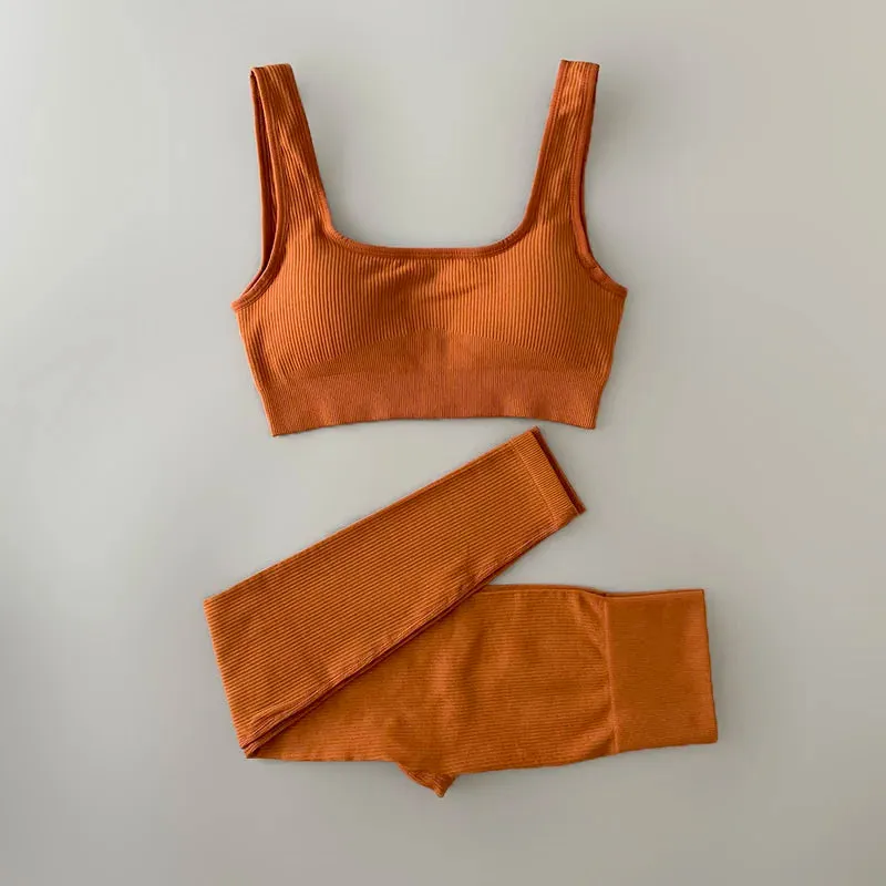 Ribbed Yoga Clothing Set for Women - High Waist Leggings and Top (Two-Piece)