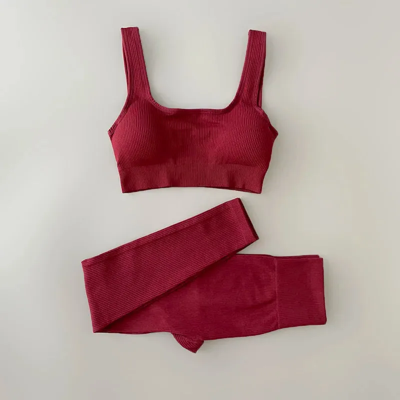 Ribbed Yoga Clothing Set for Women - High Waist Leggings and Top (Two-Piece)