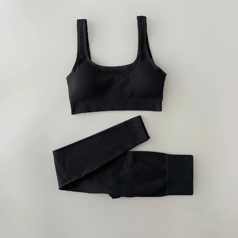 Ribbed Yoga Clothing Set for Women - High Waist Leggings and Top (Two-Piece)