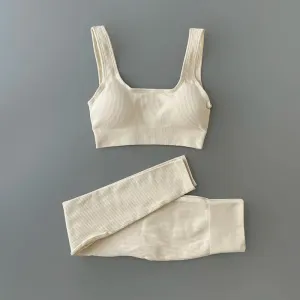 Ribbed Yoga Clothing Set for Women - High Waist Leggings and Top (Two-Piece)