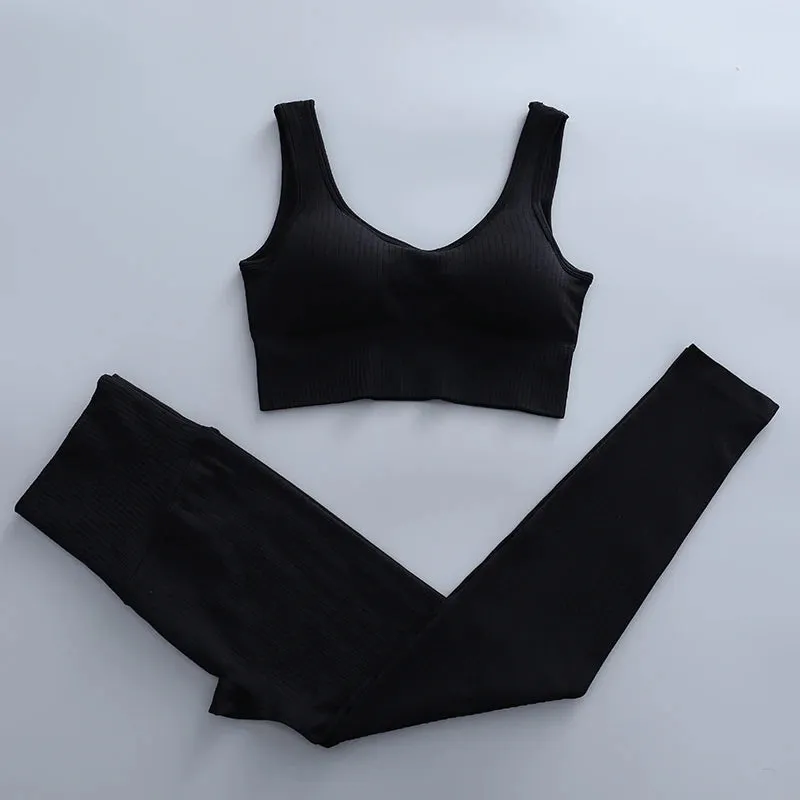 Ribbed Yoga Clothing Set for Women - High Waist Leggings and Top