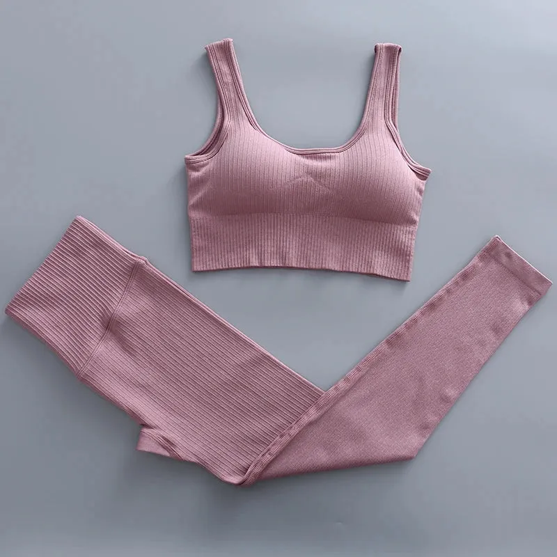 Ribbed Yoga Clothing Set for Women - High Waist Leggings and Top