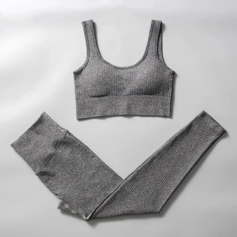 Ribbed Yoga Clothing Set for Women - High Waist Leggings and Top