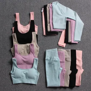 Ribbed Yoga Clothing Set for Women - High Waist Leggings and Top