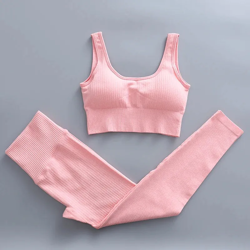 Ribbed Yoga Clothing Set for Women - High Waist Leggings and Top