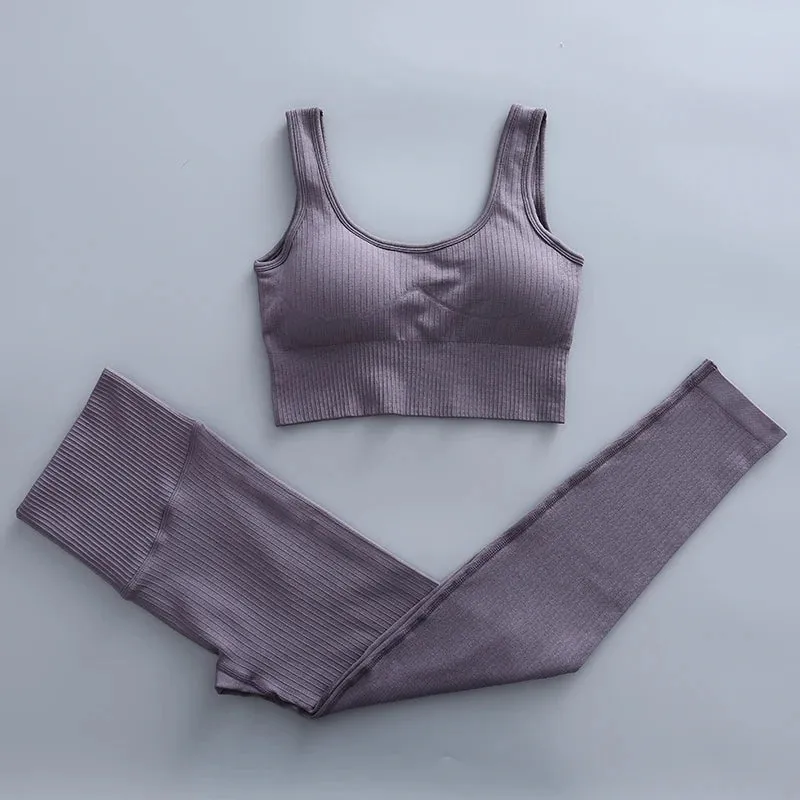 Ribbed Yoga Clothing Set for Women - High Waist Leggings and Top