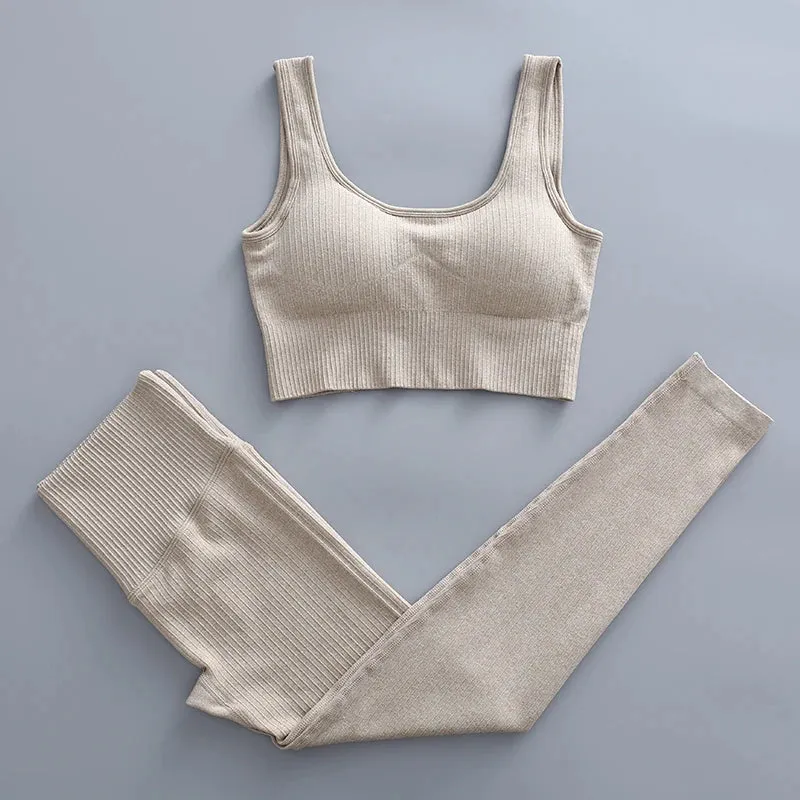 Ribbed Yoga Clothing Set for Women - High Waist Leggings and Top
