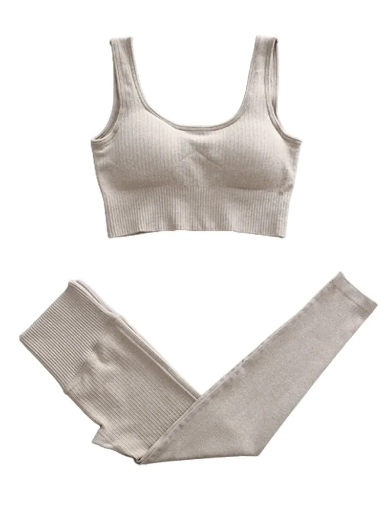 Ribbed Yoga Clothing Set for Women - High Waist Leggings and Top
