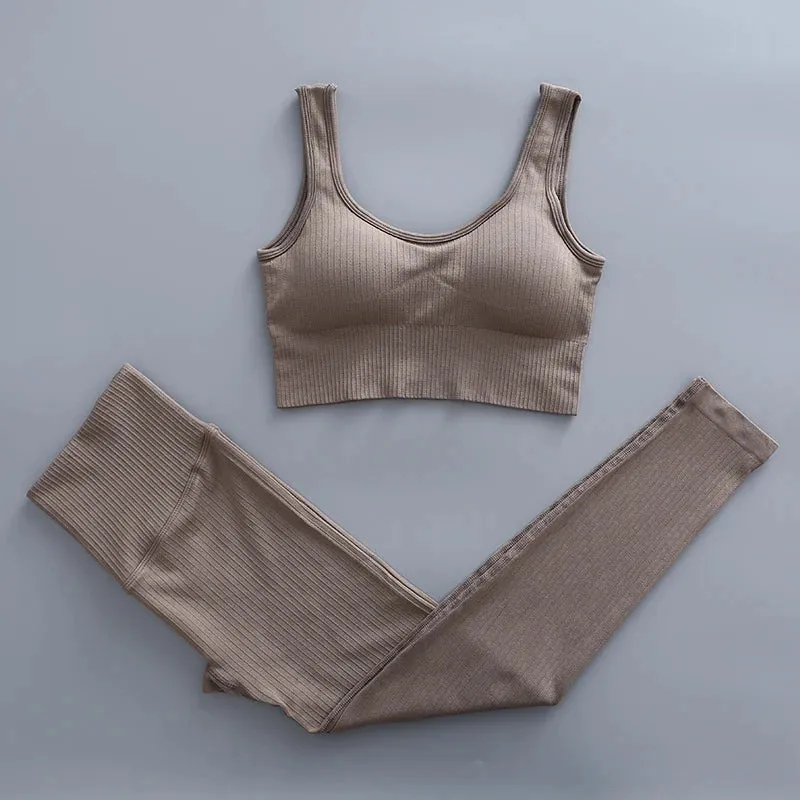 Ribbed Yoga Clothing Set for Women - High Waist Leggings and Top