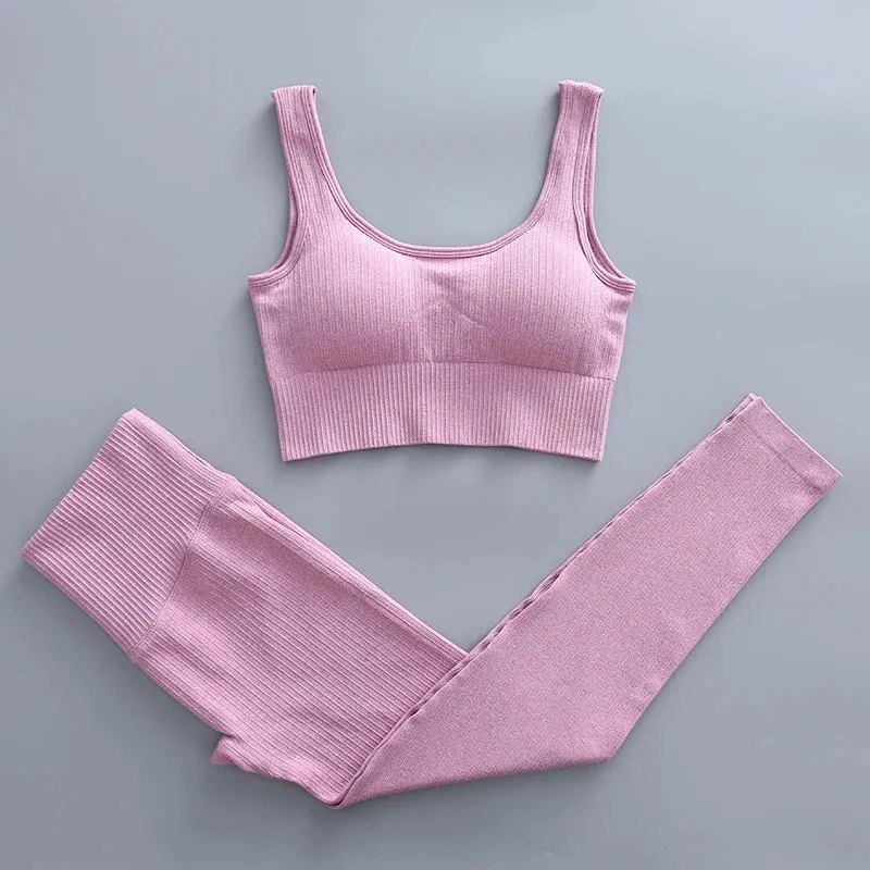 Ribbed Yoga Clothing Set for Women - High Waist Leggings and Top