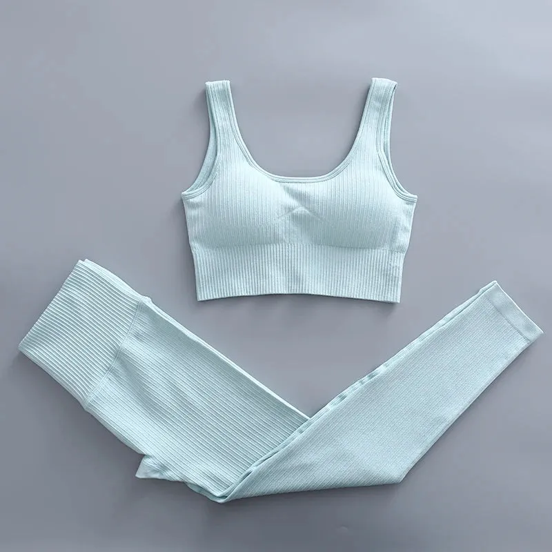 Ribbed Yoga Clothing Set for Women - High Waist Leggings and Top