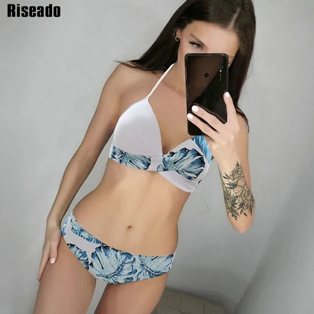 Riseado Sexy Push Up Bikinis Set Swimwear Women Swimsuits Bathing Suit Women Halter biquini Leaf Print Beach Wear Bikini 2021