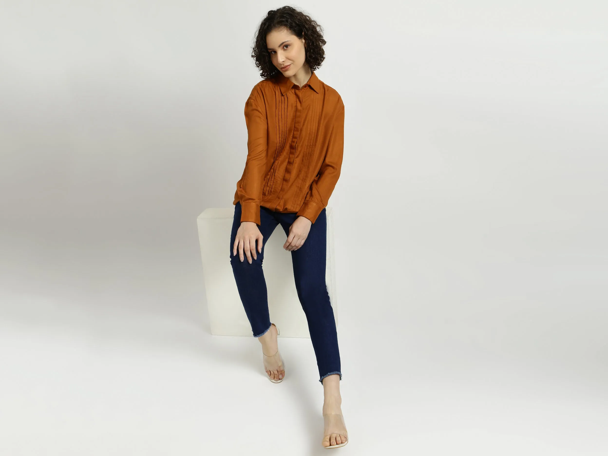 Rust Pintuck Pleated Shirt