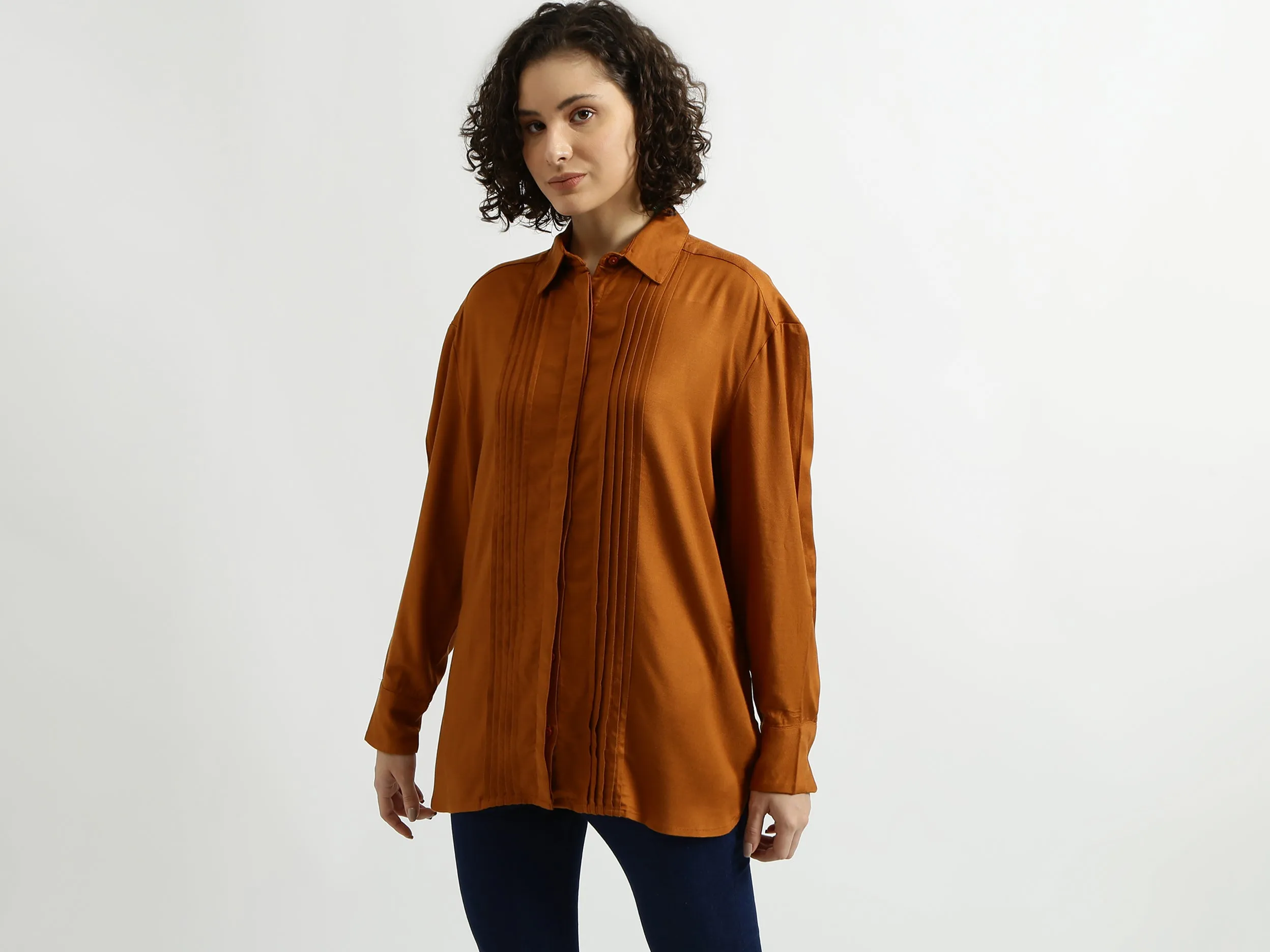 Rust Pintuck Pleated Shirt