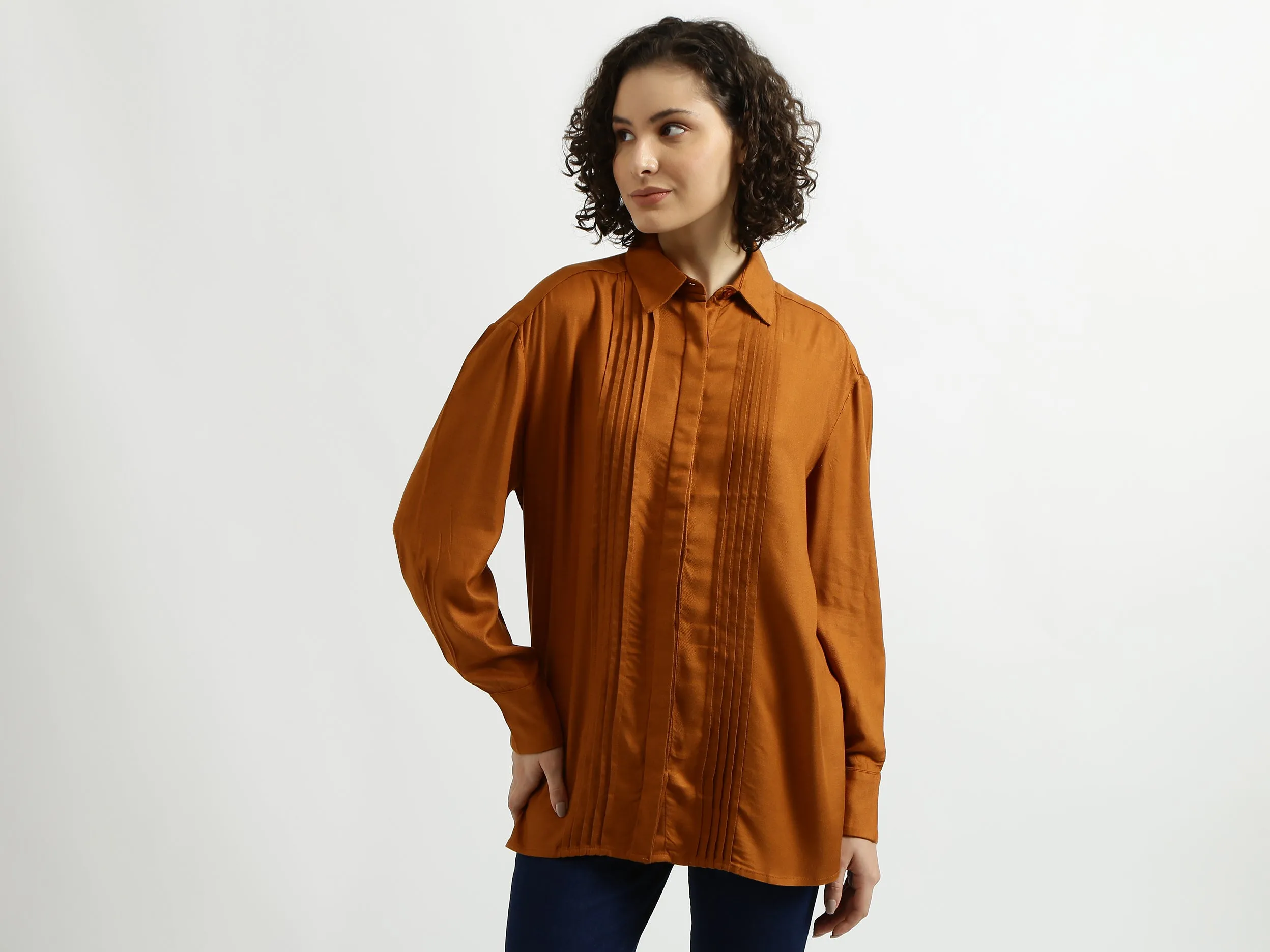 Rust Pintuck Pleated Shirt