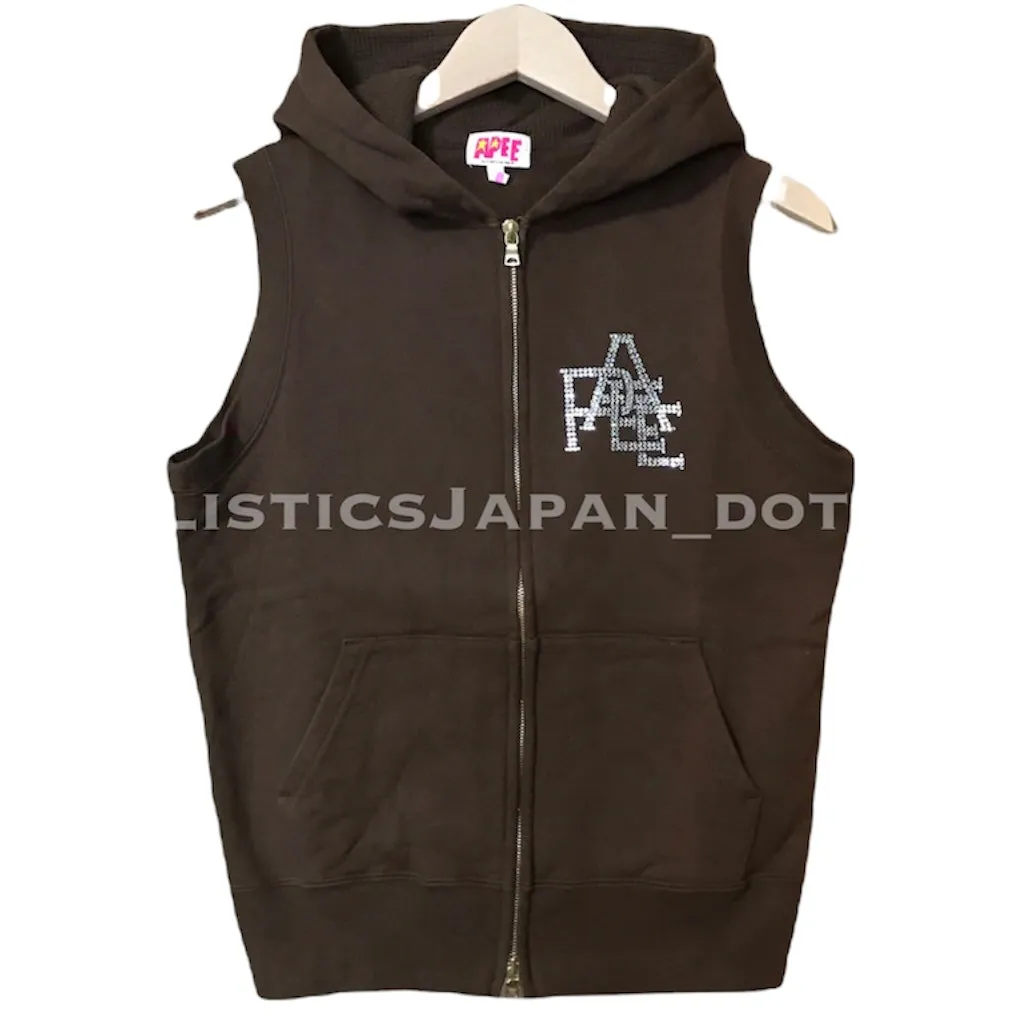 [S] Women's! A Bathing Ape Apee (Bape) Swarovski Crystal Nested Logo Sleeveless Hoodie Brown Short
