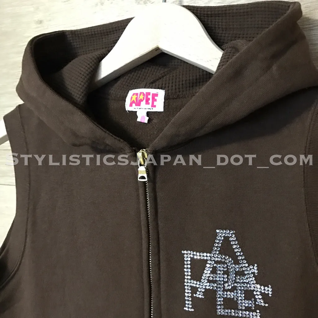 [S] Women's! A Bathing Ape Apee (Bape) Swarovski Crystal Nested Logo Sleeveless Hoodie Brown Short