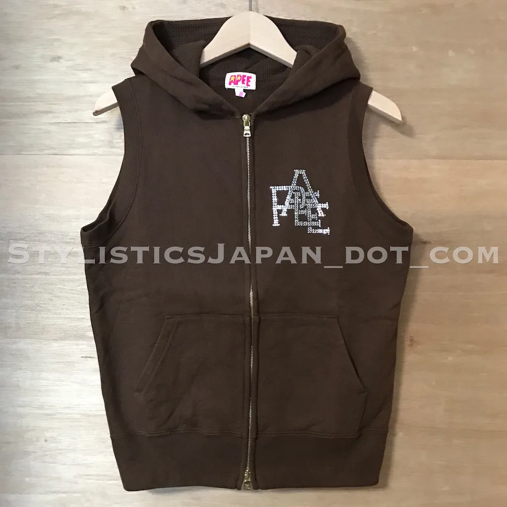 [S] Women's! A Bathing Ape Apee (Bape) Swarovski Crystal Nested Logo Sleeveless Hoodie Brown Short