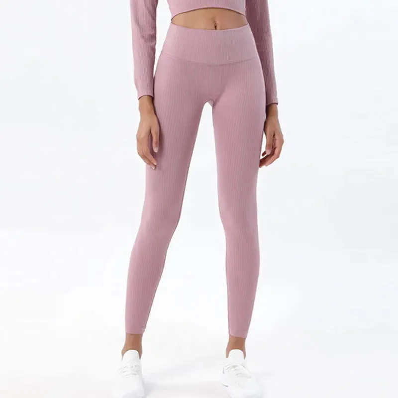 Seamless High Waist Push Up Fitness Yoga Pants for Women - Ribbed Workout Leggings