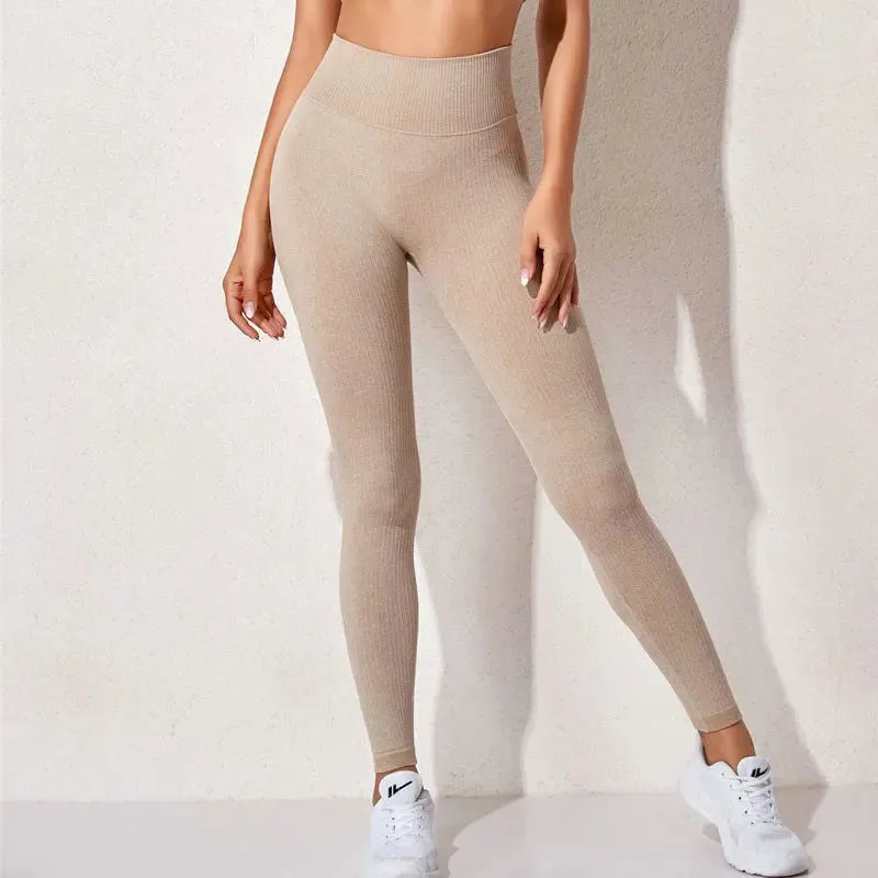 Seamless High Waist Push Up Fitness Yoga Pants for Women - Ribbed Workout Leggings