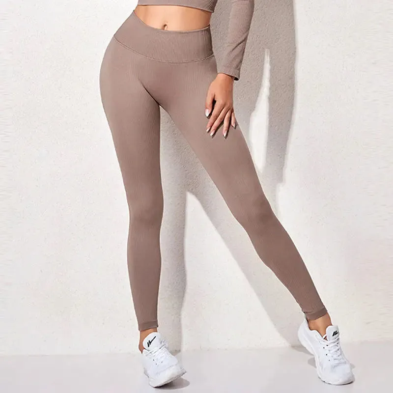 Seamless High Waist Push Up Fitness Yoga Pants for Women - Ribbed Workout Leggings