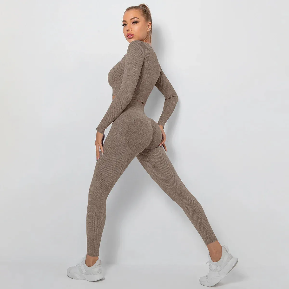 Seamless Yoga Set for Women - Long Sleeve Crop Top and High Waist Leggings