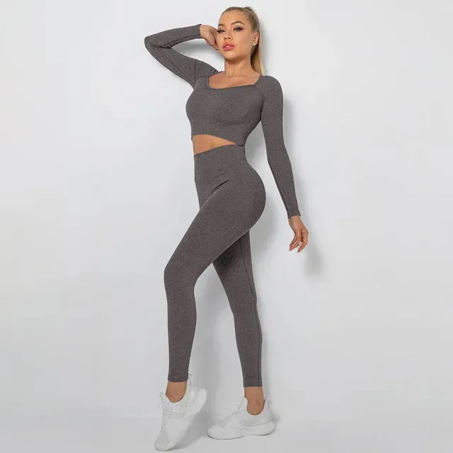 Seamless Yoga Set for Women - Long Sleeve Crop Top and High Waist Leggings