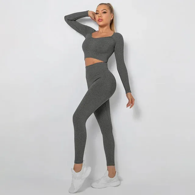 Seamless Yoga Set for Women - Long Sleeve Crop Top and High Waist Leggings