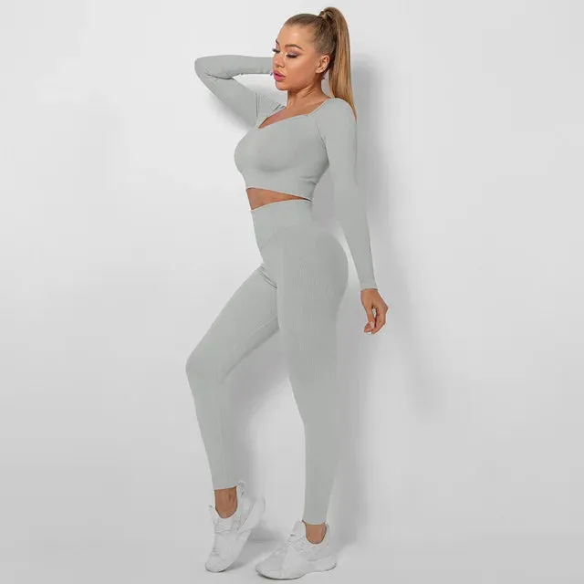 Seamless Yoga Set for Women - Long Sleeve Crop Top and High Waist Leggings