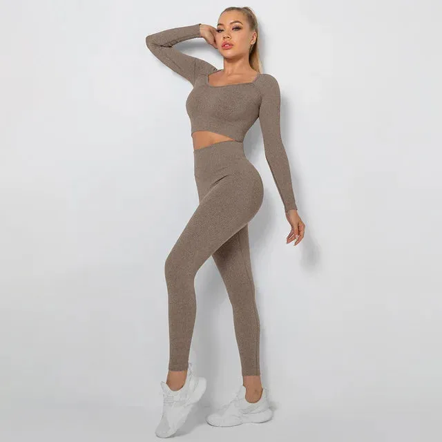 Seamless Yoga Set for Women - Long Sleeve Crop Top and High Waist Leggings