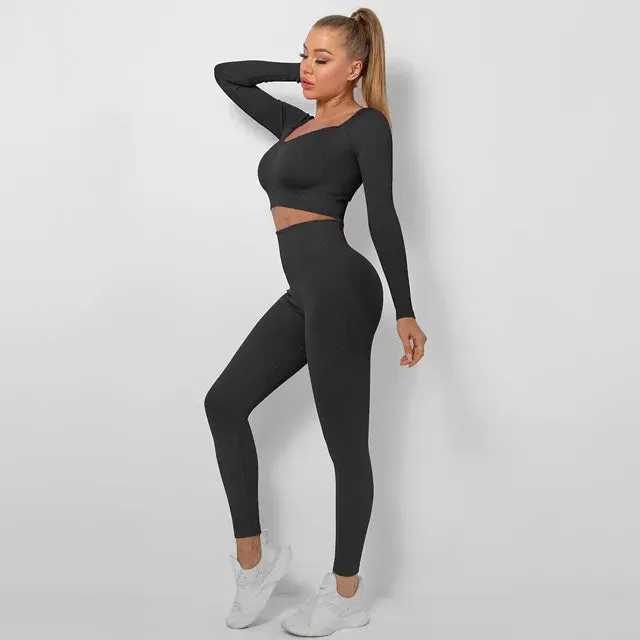 Seamless Yoga Set for Women - Long Sleeve Crop Top and High Waist Leggings