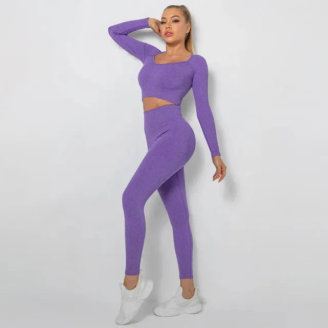 Seamless Yoga Set for Women - Long Sleeve Crop Top and High Waist Leggings