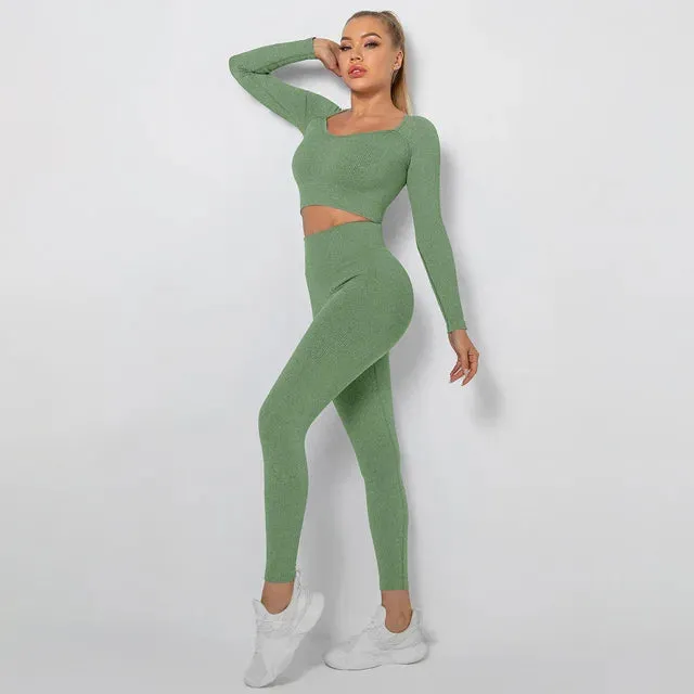 Seamless Yoga Set for Women - Long Sleeve Crop Top and High Waist Leggings