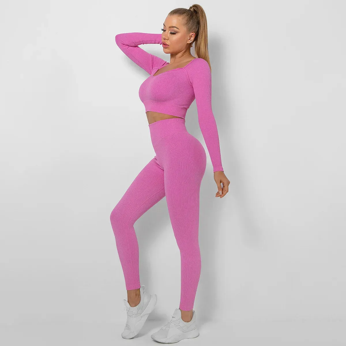 Seamless Yoga Set for Women - Long Sleeve Crop Top and High Waist Leggings