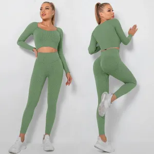 Seamless Yoga Set for Women - Long Sleeve Crop Top and High Waist Leggings