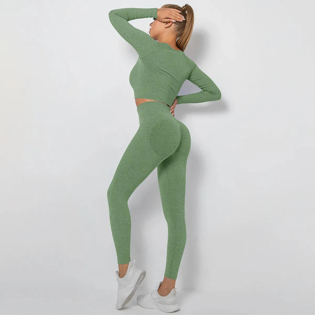 Seamless Yoga Set for Women - Long Sleeve Crop Top and High Waist Leggings