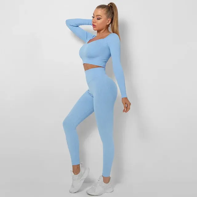 Seamless Yoga Set for Women - Long Sleeve Crop Top and High Waist Leggings