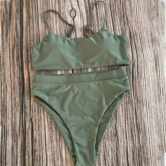 Sexy High Waist Bikini Set Swimsuit Popular Swimming Suit Biquini Two Pieces Solid High Quality Swimwear Women Fashion Beachwear