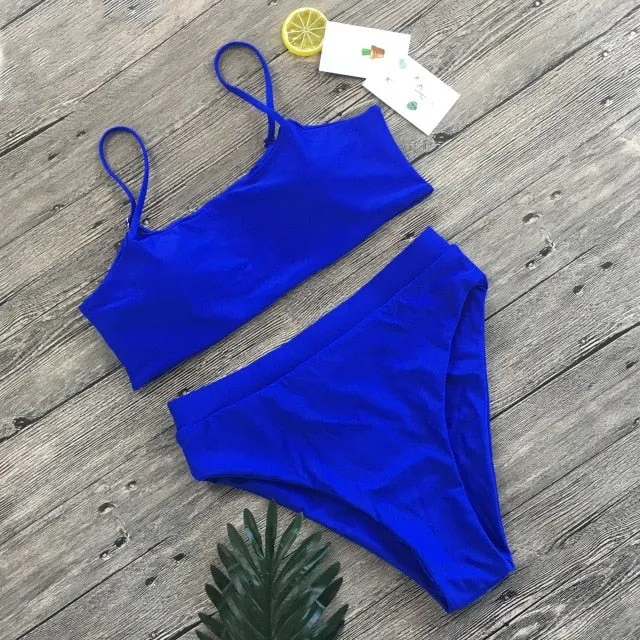 Sexy High Waist Bikini Set Swimsuit Popular Swimming Suit Biquini Two Pieces Solid High Quality Swimwear Women Fashion Beachwear