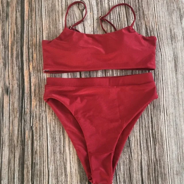 Sexy High Waist Bikini Set Swimsuit Popular Swimming Suit Biquini Two Pieces Solid High Quality Swimwear Women Fashion Beachwear