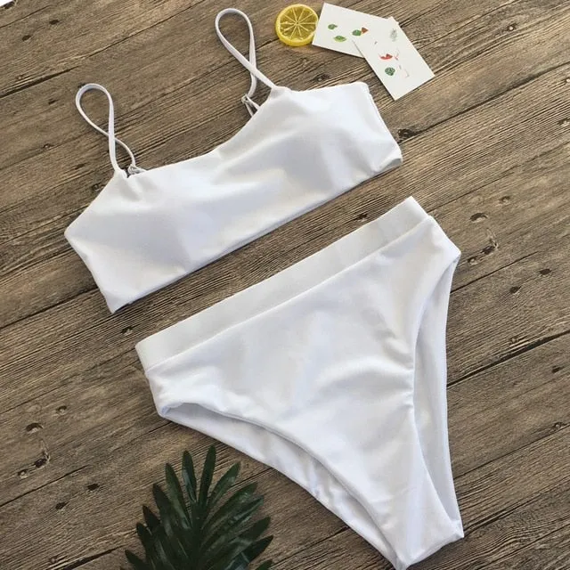 Sexy High Waist Bikini Set Swimsuit Popular Swimming Suit Biquini Two Pieces Solid High Quality Swimwear Women Fashion Beachwear