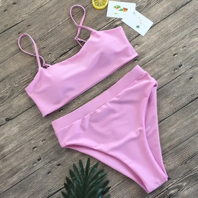 Sexy High Waist Bikini Set Swimsuit Popular Swimming Suit Biquini Two Pieces Solid High Quality Swimwear Women Fashion Beachwear