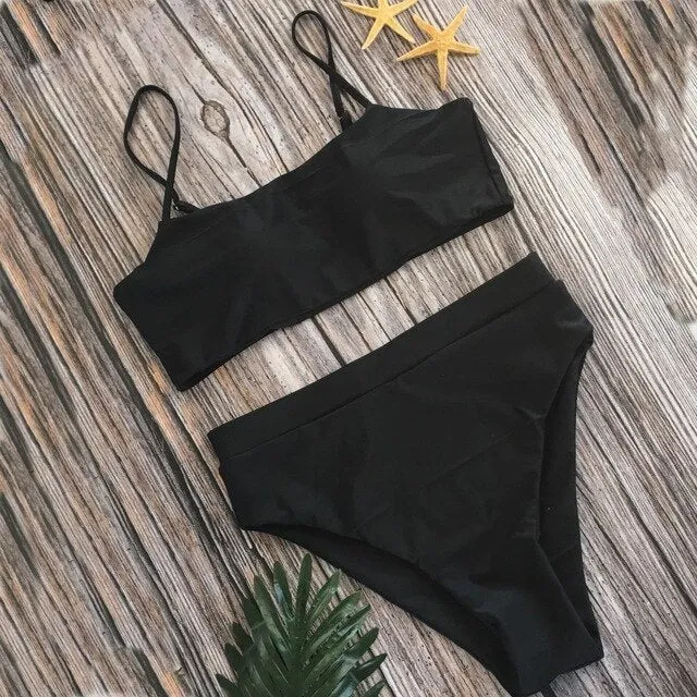 Sexy High Waist Bikini Set Swimsuit Popular Swimming Suit Biquini Two Pieces Solid High Quality Swimwear Women Fashion Beachwear