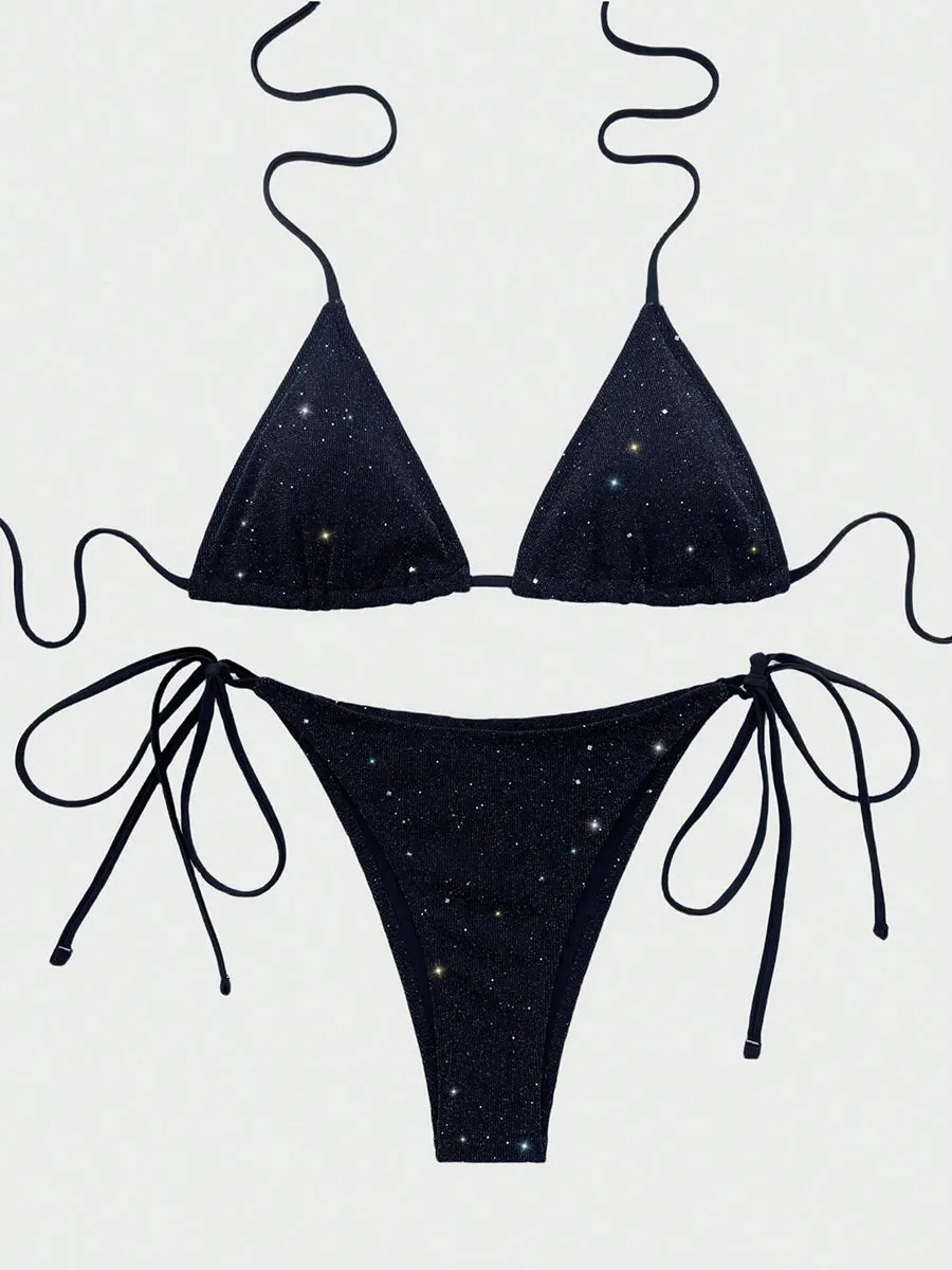 Shiny Sparkling Halter Strappy Bikini High Cut Bikinis Female Swimsuit Women Swimwear Two-pieces Bikini Set Bathing Suit