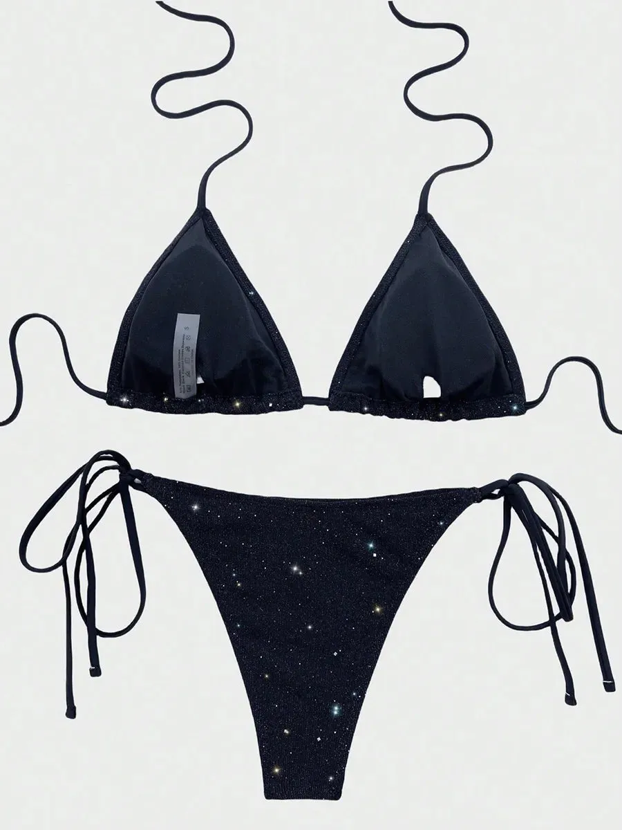 Shiny Sparkling Halter Strappy Bikini High Cut Bikinis Female Swimsuit Women Swimwear Two-pieces Bikini Set Bathing Suit