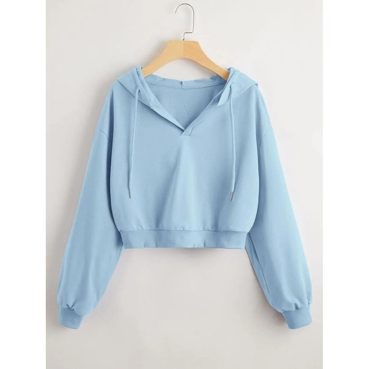 Sky Blue Fleece Full Sleeves Cropped Pull Over Hoodie For Women