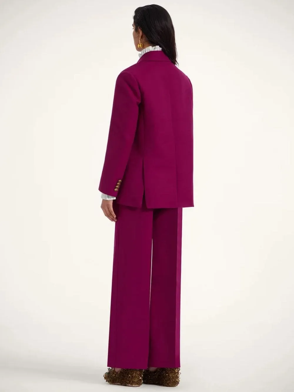 Solid Purple Wide-Leg Cady Wool Trousers